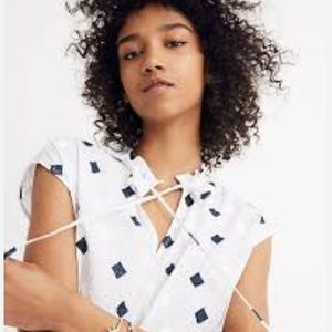 NWT Madewell Ruffle Neck Tassel Popover Top Blue & White XXL Beachy Minimalist